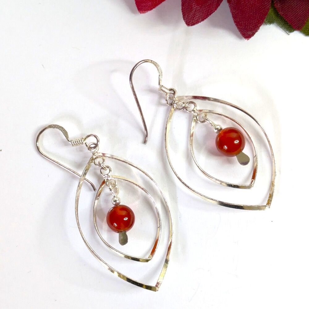 Red Carnelian Gemstone 925 Sterling Silver Drop Dangle Earrings Abstract